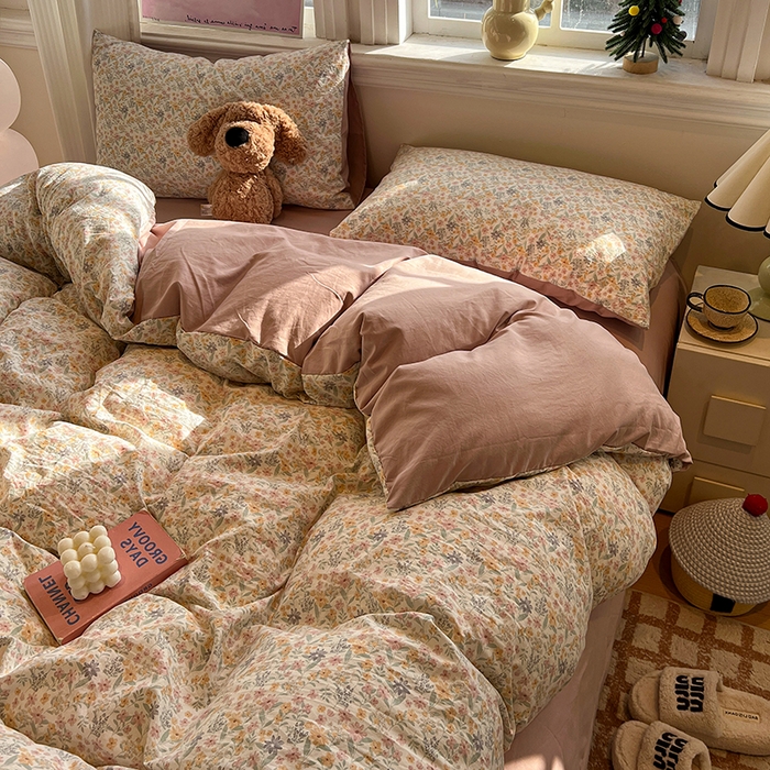 91家纺网 家纺一手货源 找家纺 仟网汇 2025新款古法水洗仿棉云感纱四件套 花千朵