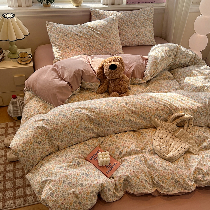 91家纺网 家纺一手货源 找家纺 仟网汇 2025新款古法水洗仿棉云感纱四件套 花千朵