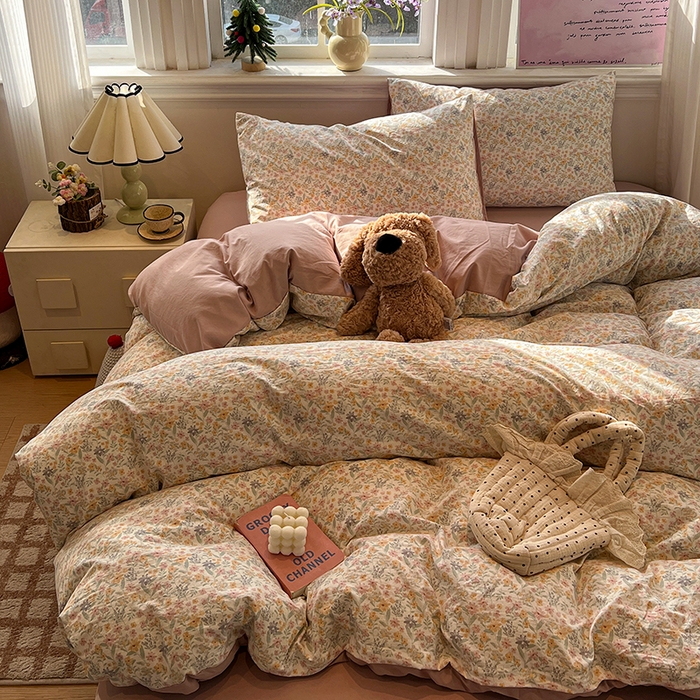 91家纺网 家纺一手货源 找家纺 仟网汇 2025新款古法水洗仿棉云感纱四件套 花千朵