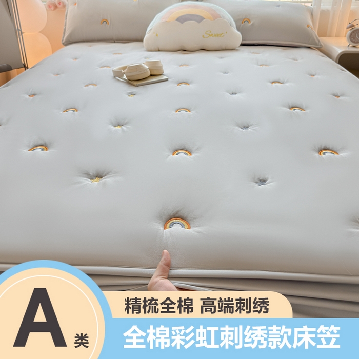糯米猪家纺 2025新款A类卡皮巴拉全棉夹棉床笠 彩虹-灰