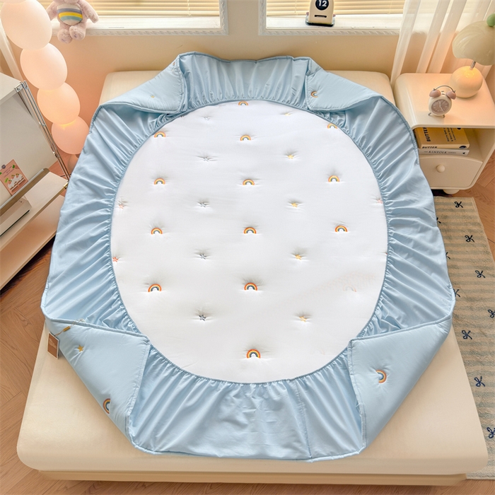 91家纺网 家纺一手货源 找家纺 糯米猪家纺 2025新款A类卡皮巴拉全棉夹棉床笠 彩虹-蓝