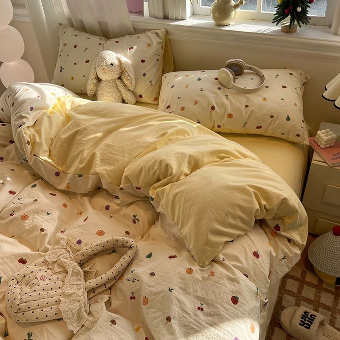 91家纺网 家纺一手货源 找家纺 仟网汇 2025新款古法水洗仿棉云感纱四件套 南瓜果果