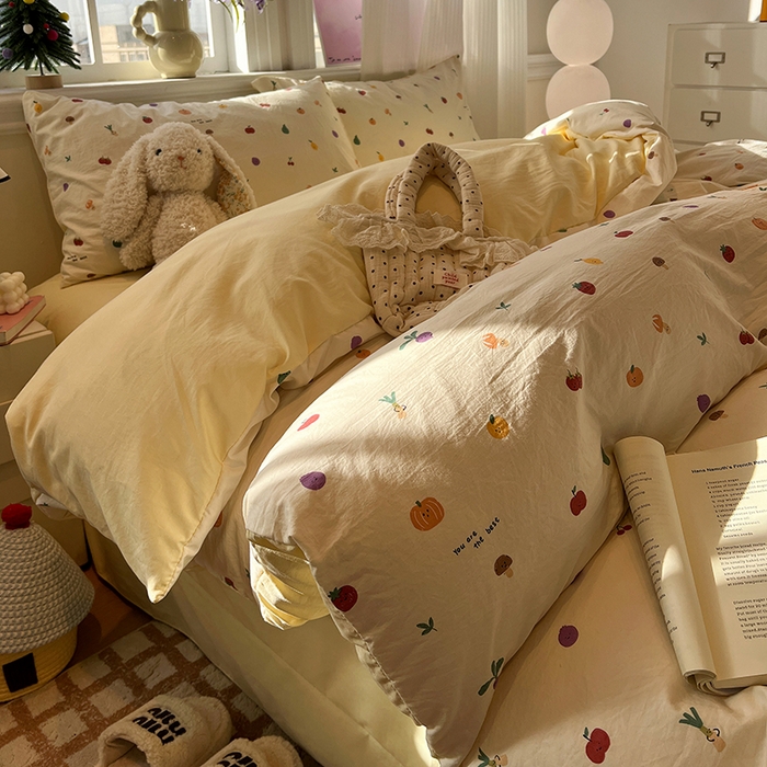 91家纺网 家纺一手货源 找家纺 仟网汇 2025新款古法水洗仿棉云感纱四件套 南瓜果果