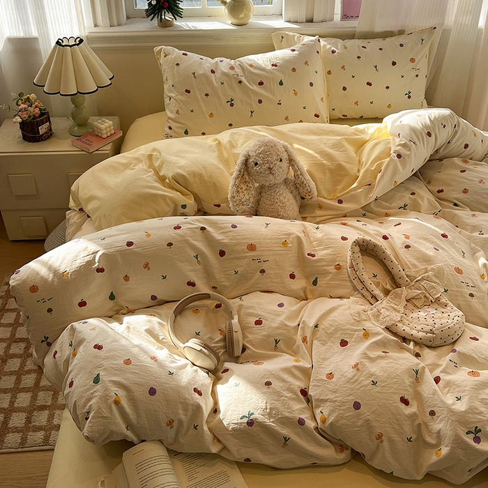 91家纺网 家纺一手货源 找家纺 仟网汇 2025新款古法水洗仿棉云感纱四件套 南瓜果果