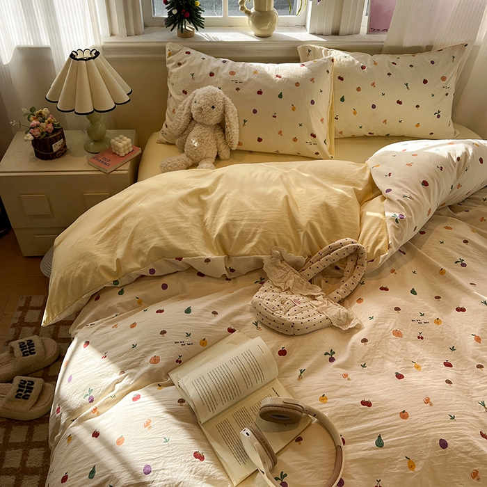 91家纺网 家纺一手货源 找家纺 仟网汇 2025新款古法水洗仿棉云感纱四件套 南瓜果果