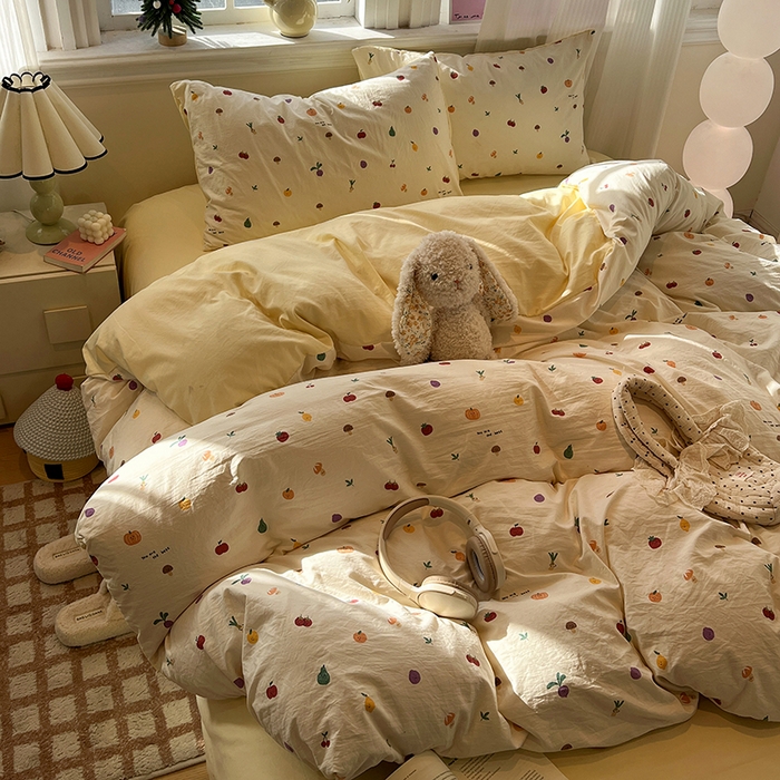 91家纺网 家纺一手货源 找家纺 仟网汇 2025新款古法水洗仿棉云感纱四件套 南瓜果果