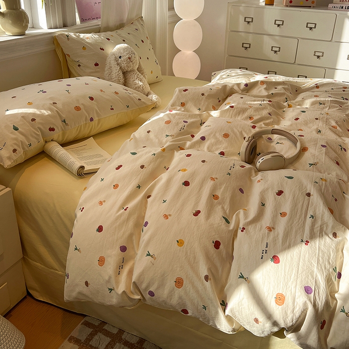 91家纺网 家纺一手货源 找家纺 仟网汇 2025新款古法水洗仿棉云感纱四件套 南瓜果果