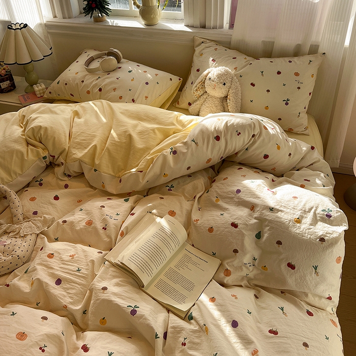 91家纺网 家纺一手货源 找家纺 仟网汇 2025新款古法水洗仿棉云感纱四件套 南瓜果果