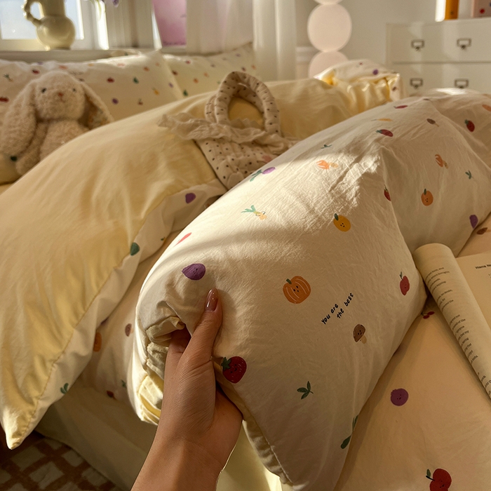 91家纺网 家纺一手货源 找家纺 仟网汇 2025新款古法水洗仿棉云感纱四件套 南瓜果果