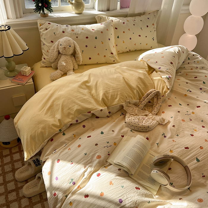 91家纺网 家纺一手货源 找家纺 仟网汇 2025新款古法水洗仿棉云感纱四件套 南瓜果果