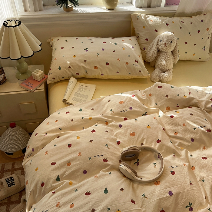 91家纺网 家纺一手货源 找家纺 仟网汇 2025新款古法水洗仿棉云感纱四件套 南瓜果果