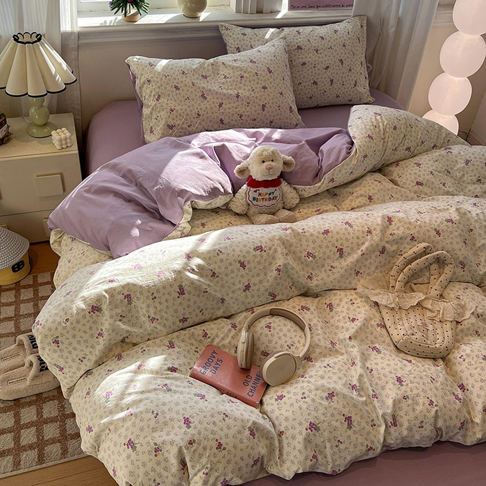 91家纺网 家纺一手货源 找家纺 仟网汇 2025新款古法水洗仿棉云感纱四件套 葡萄