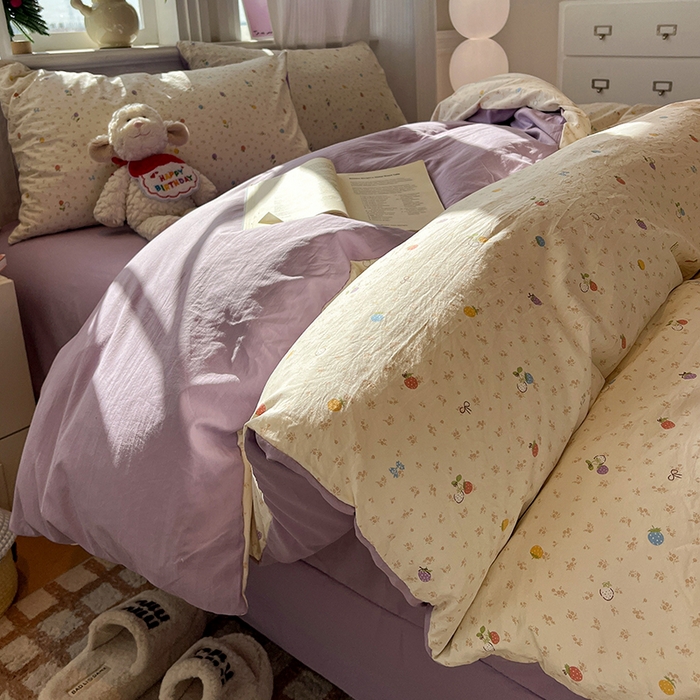 91家纺网 家纺一手货源 找家纺 仟网汇 2025新款古法水洗仿棉云感纱四件套 甜心草莓