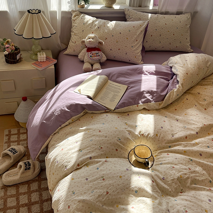 91家纺网 家纺一手货源 找家纺 仟网汇 2025新款古法水洗仿棉云感纱四件套 甜心草莓