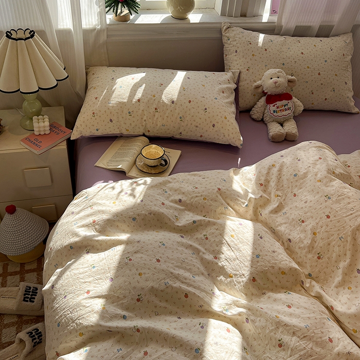 91家纺网 家纺一手货源 找家纺 仟网汇 2025新款古法水洗仿棉云感纱四件套 甜心草莓