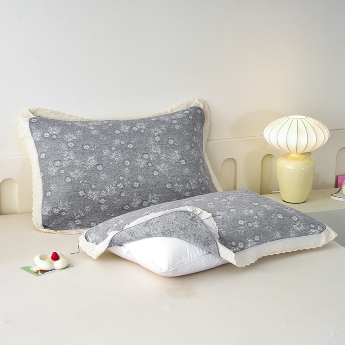 91家纺网 家纺一手货源 找家纺 棠薇家纺 2025新款花边款枕巾提花枕巾 花边春意灰