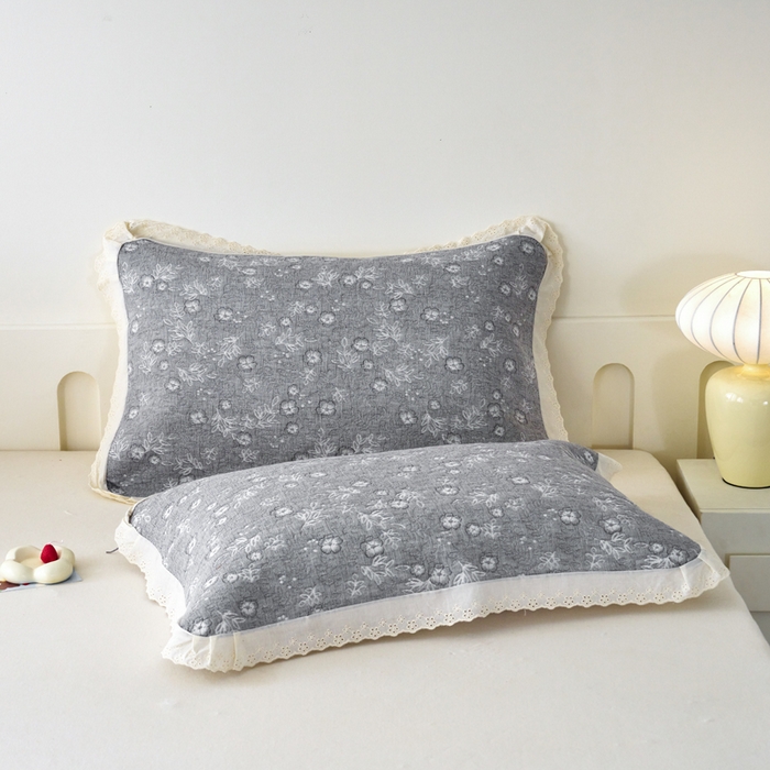 91家纺网 家纺一手货源 找家纺 棠薇家纺 2025新款花边款枕巾提花枕巾 花边春意灰