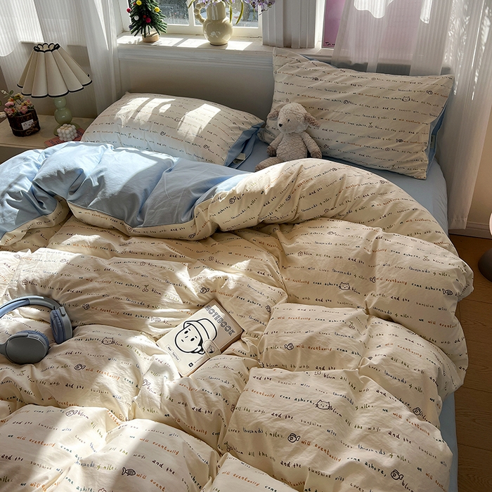 91家纺网 家纺一手货源 找家纺 仟网汇 2025新款古法水洗仿棉云感纱四件套 甜心喵