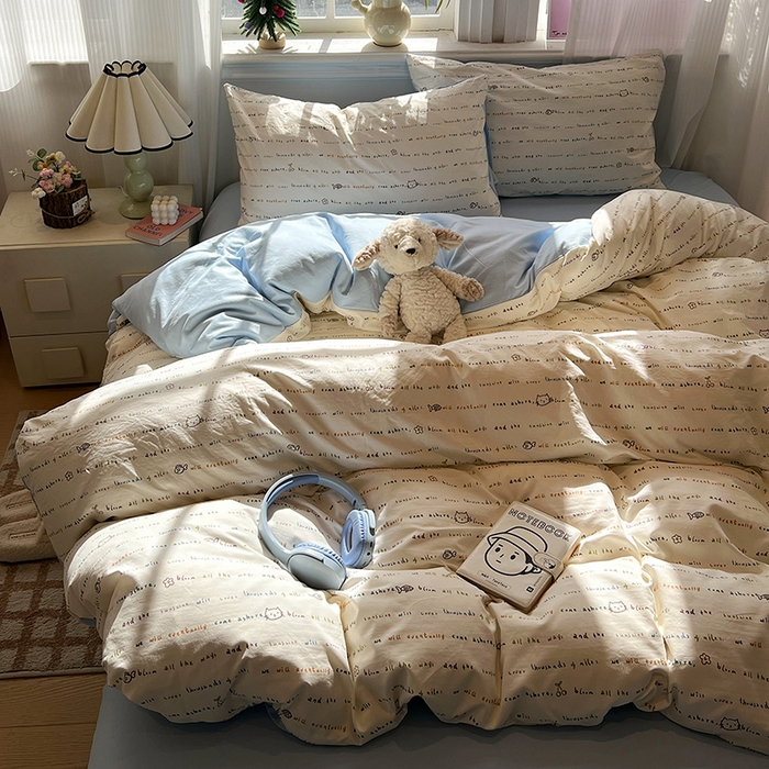 91家纺网 家纺一手货源 找家纺 仟网汇 2025新款古法水洗仿棉云感纱四件套 甜心喵