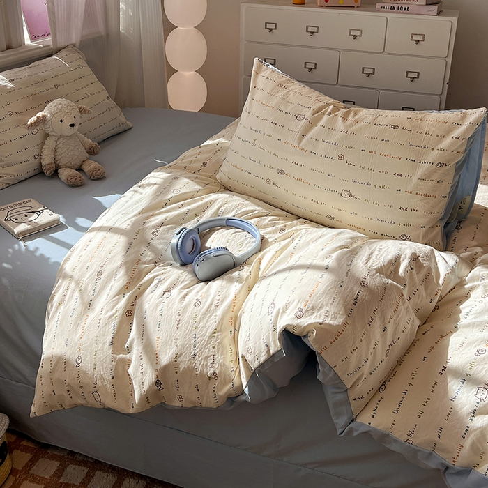 91家纺网 家纺一手货源 找家纺 仟网汇 2025新款古法水洗仿棉云感纱四件套 甜心喵