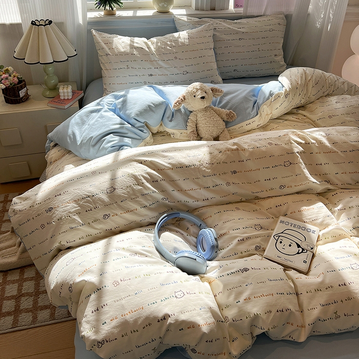 91家纺网 家纺一手货源 找家纺 仟网汇 2025新款古法水洗仿棉云感纱四件套 甜心喵