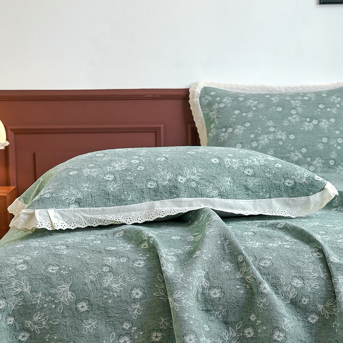 91家纺网 家纺一手货源 找家纺 棠薇家纺 2025新款花边款枕巾提花枕巾 花边春意绿