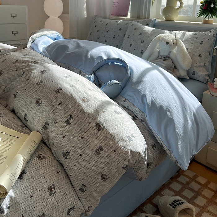 仟网汇 2025新款古法水洗仿棉云感纱四件套 条纹狗