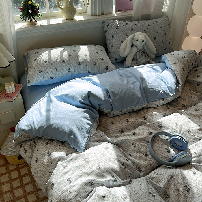 91家纺网 家纺一手货源 找家纺 仟网汇 2025新款古法水洗仿棉云感纱四件套 条纹狗