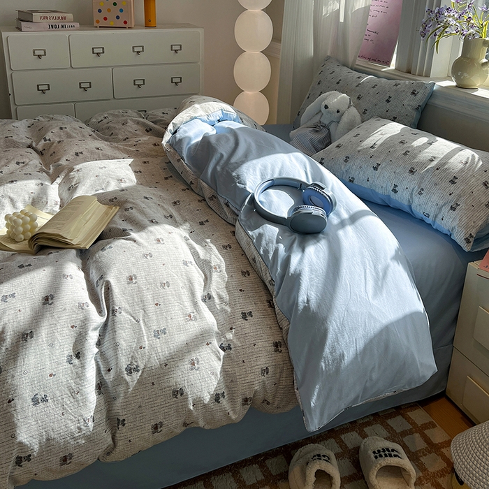 91家纺网 家纺一手货源 找家纺 仟网汇 2025新款古法水洗仿棉云感纱四件套 条纹狗