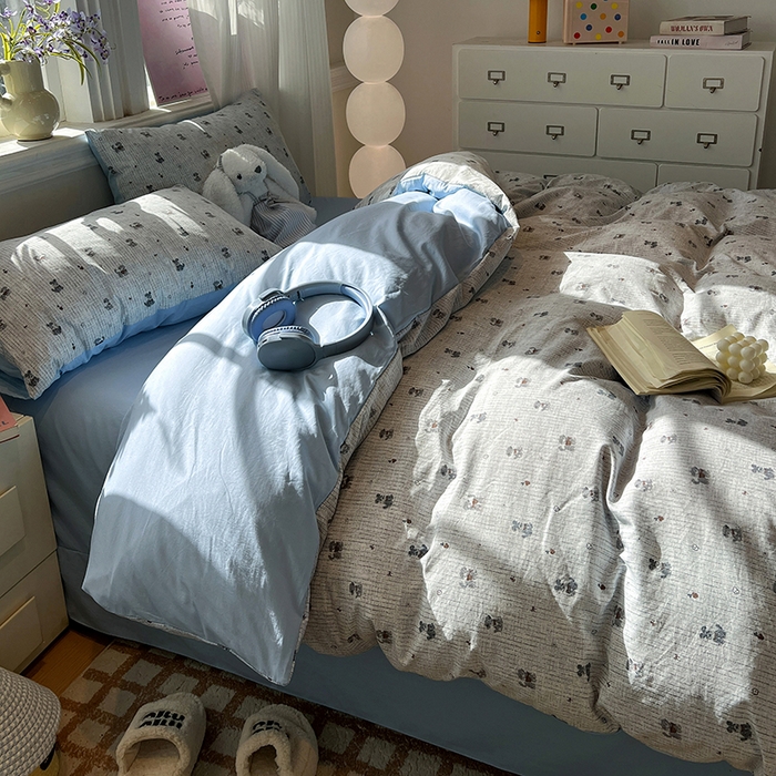 91家纺网 家纺一手货源 找家纺 仟网汇 2025新款古法水洗仿棉云感纱四件套 条纹狗