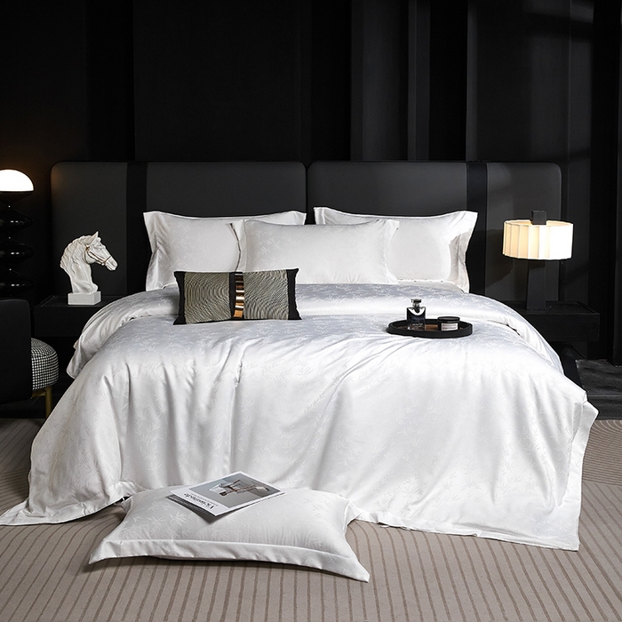 91家纺网 家纺一手货源 找家纺 （总）乐卧家居 2025新款轻奢高级感新中式酒店风竹子提花纹样系带款四件套-时空