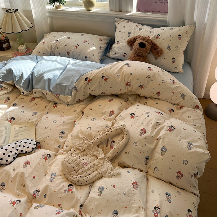 91家纺网 家纺一手货源 找家纺 仟网汇 2025新款古法水洗仿棉云感纱四件套 童趣