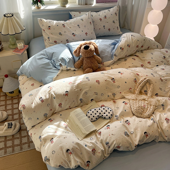 91家纺网 家纺一手货源 找家纺 仟网汇 2025新款古法水洗仿棉云感纱四件套 童趣