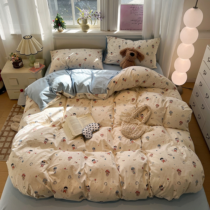 91家纺网 家纺一手货源 找家纺 仟网汇 2025新款古法水洗仿棉云感纱四件套 童趣