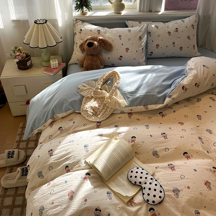 91家纺网 家纺一手货源 找家纺 仟网汇 2025新款古法水洗仿棉云感纱四件套 童趣