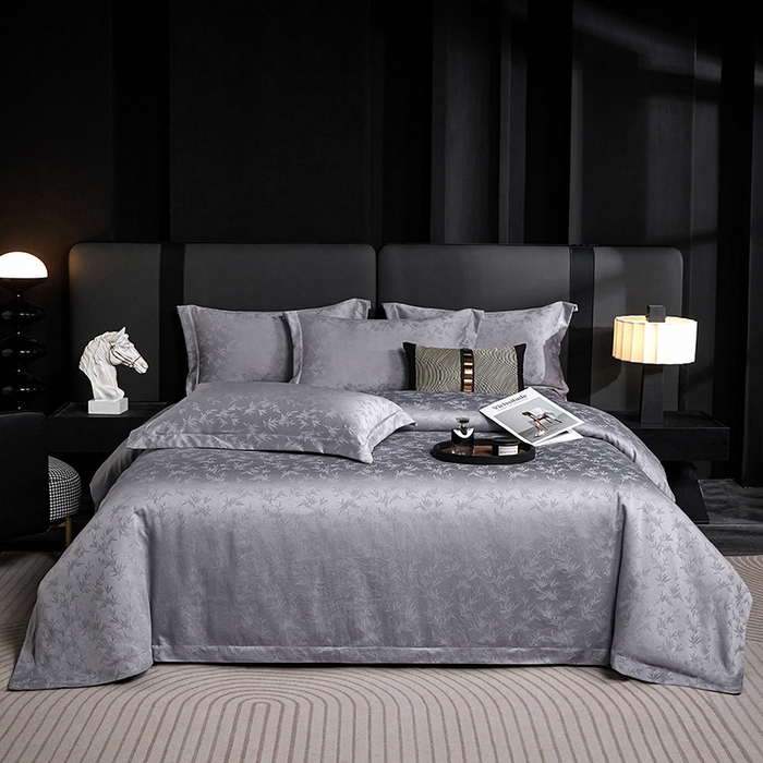 91家纺网 家纺一手货源 找家纺 （总）乐卧家居 2025新款轻奢高级感新中式酒店风竹子提花纹样系带款四件套-时空