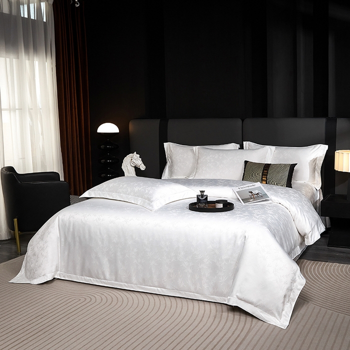 91家纺网 家纺一手货源 找家纺 乐卧家居 2026新款轻奢高级感新中式酒店风竹子提花纹样系带款四件套-时空 时空-白