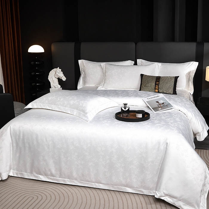 91家纺网 家纺一手货源 找家纺 乐卧家居 2026新款轻奢高级感新中式酒店风竹子提花纹样系带款四件套-时空 时空-白