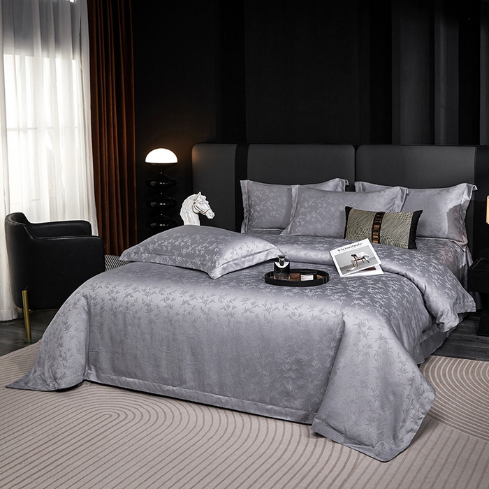 91家纺网 家纺一手货源 找家纺 乐卧家居 2026新款轻奢高级感新中式酒店风竹子提花纹样系带款四件套-时空 时空-灰