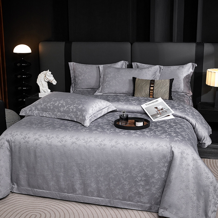 91家纺网 家纺一手货源 找家纺 乐卧家居 2026新款轻奢高级感新中式酒店风竹子提花纹样系带款四件套-时空 时空-灰