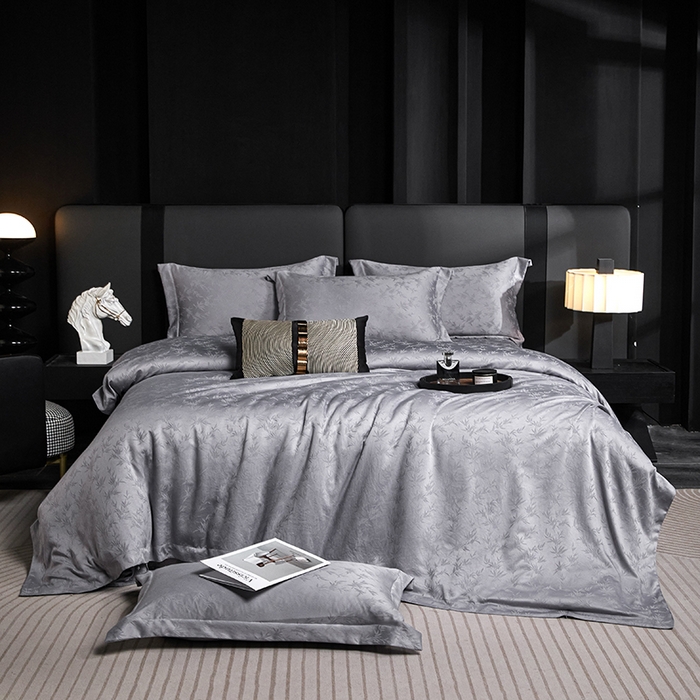 91家纺网 家纺一手货源 找家纺 乐卧家居 2026新款轻奢高级感新中式酒店风竹子提花纹样系带款四件套-时空 时空-灰