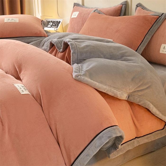 慕木家纺 2025新款高克重简约无印风牛奶绒双拼四件套 双拼套件-豆沙+灰