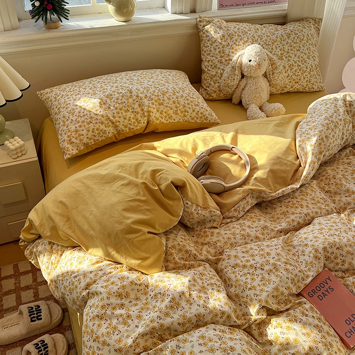 91家纺网 家纺一手货源 找家纺 仟网汇 2025新款古法水洗仿棉云感纱四件套 小黄花