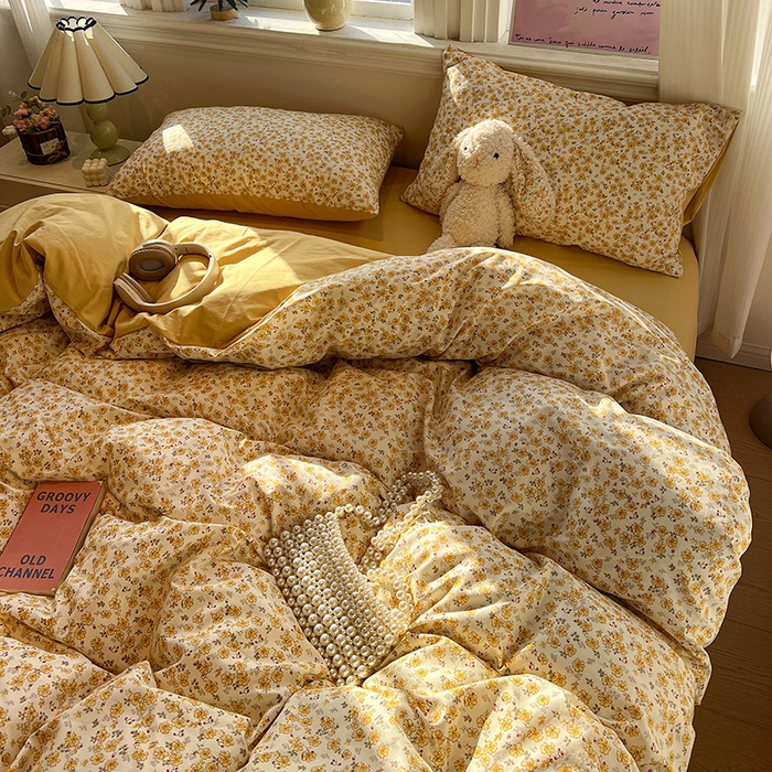 91家纺网 家纺一手货源 找家纺 仟网汇 2025新款古法水洗仿棉云感纱四件套 小黄花