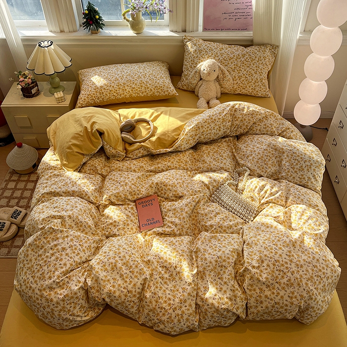 91家纺网 家纺一手货源 找家纺 仟网汇 2025新款古法水洗仿棉云感纱四件套 小黄花