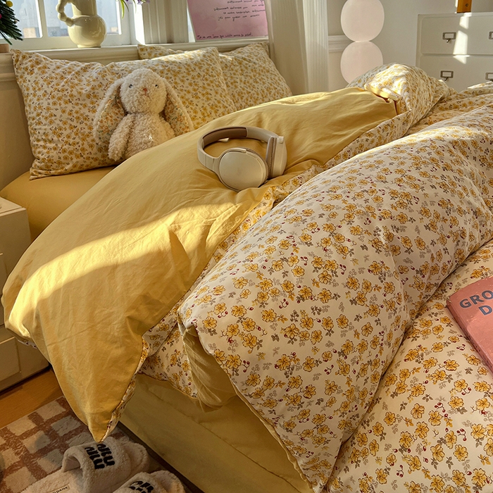 91家纺网 家纺一手货源 找家纺 仟网汇 2025新款古法水洗仿棉云感纱四件套 小黄花