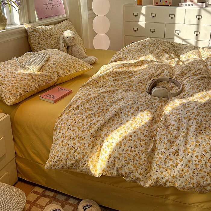 91家纺网 家纺一手货源 找家纺 仟网汇 2025新款古法水洗仿棉云感纱四件套 小黄花