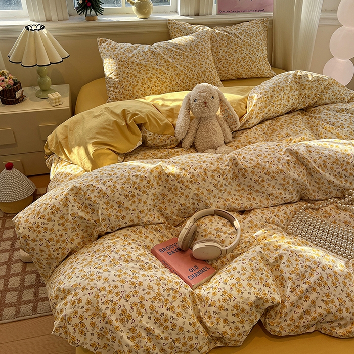 91家纺网 家纺一手货源 找家纺 仟网汇 2025新款古法水洗仿棉云感纱四件套 小黄花