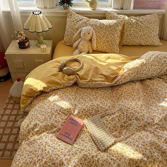 91家纺网 家纺一手货源 找家纺 仟网汇 2025新款古法水洗仿棉云感纱四件套 小黄花