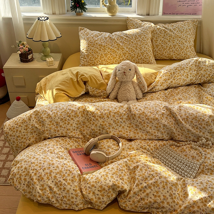 91家纺网 家纺一手货源 找家纺 仟网汇 2025新款古法水洗仿棉云感纱四件套 小黄花